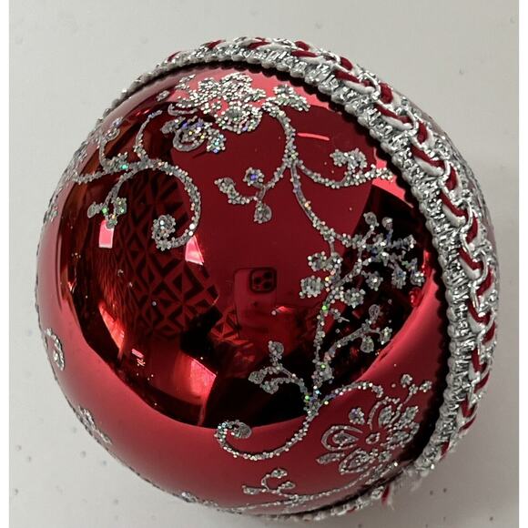 Vtg Lot of 4 Krebs Red Silver Glitter Floral Victorian Ornaments Ribbon Glass - Picture 8 of 12